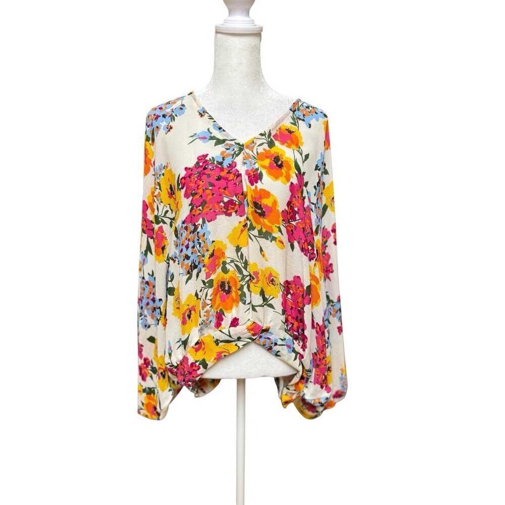 Umgee Floral Boho Blouse Womens Large Batwing Balloon Sleeve